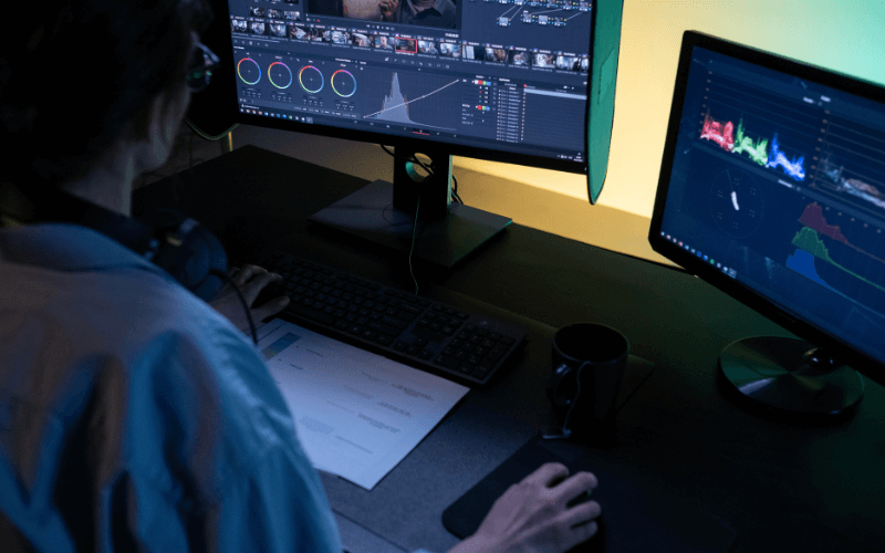 Image of a person on their computer, editing.