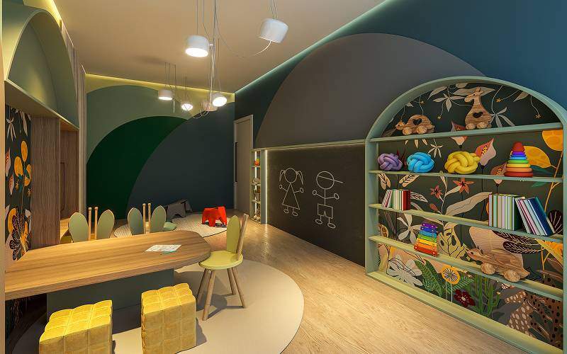 Architecturally designed learning space with soft lighting, textures, and accessible materials for children