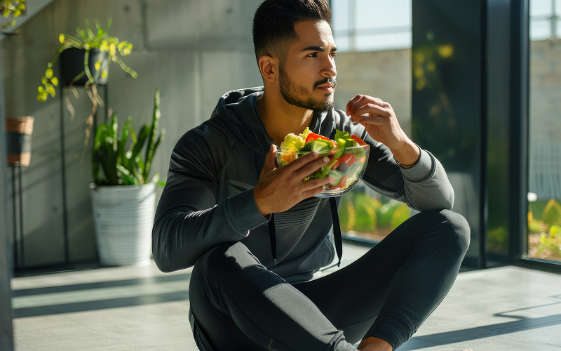 a person eating a healthy meal after working out at a gym