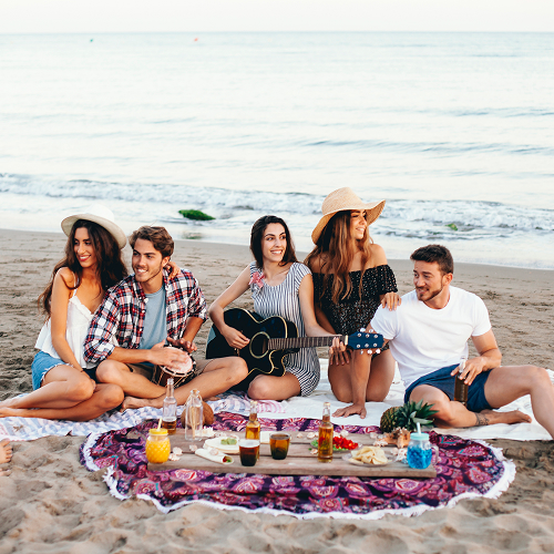 Small image of a group having a picnic at the beach